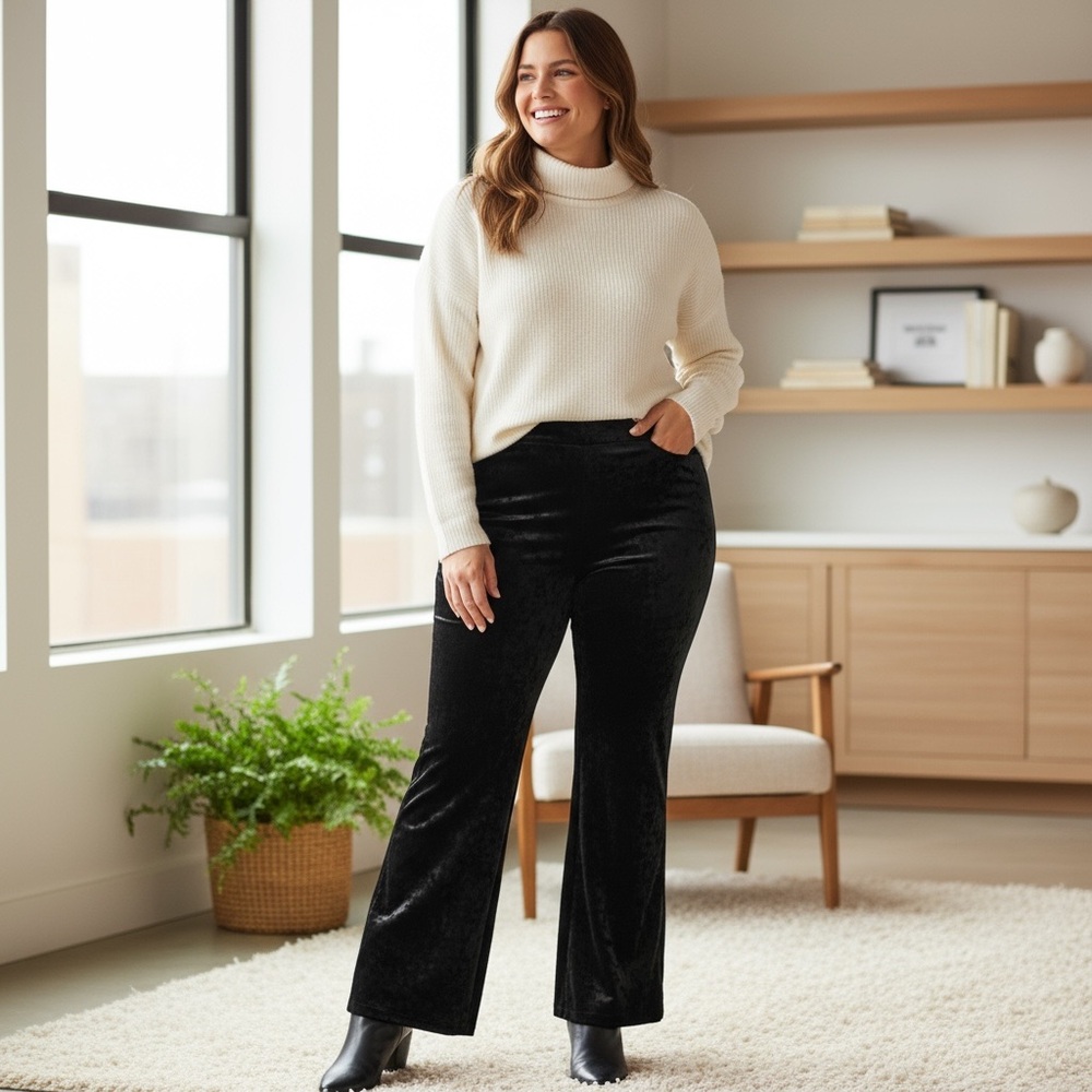 Lularoe XL‎ Extra Large Adele Luxe Crushed Velvet Flare Black Pants Party Fancy